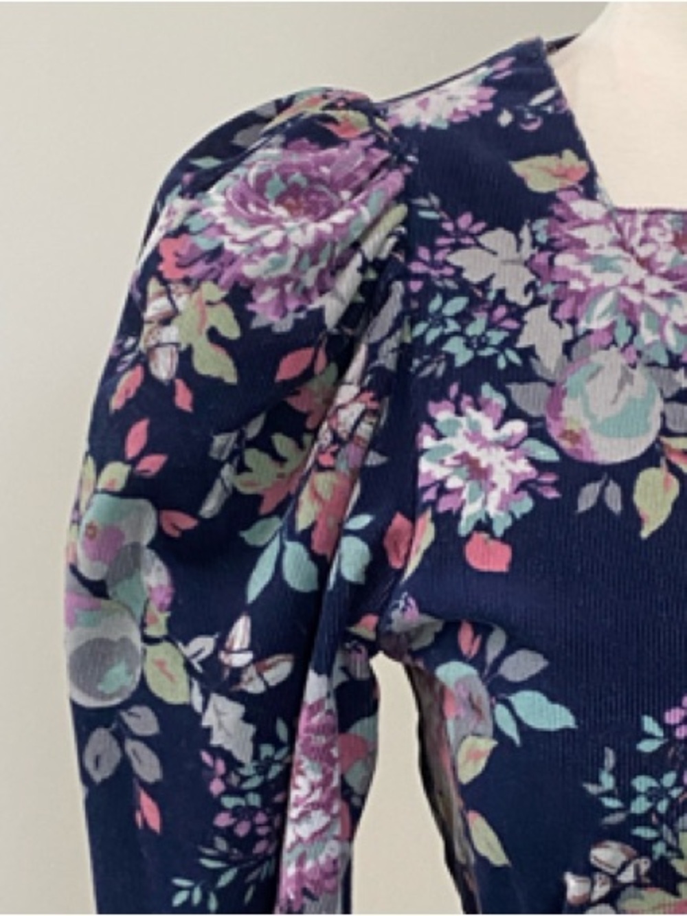Vintage Laura Ashley Navy Floral Corduroy Long-Sleeve Midi Dress - Picture 3 of 15